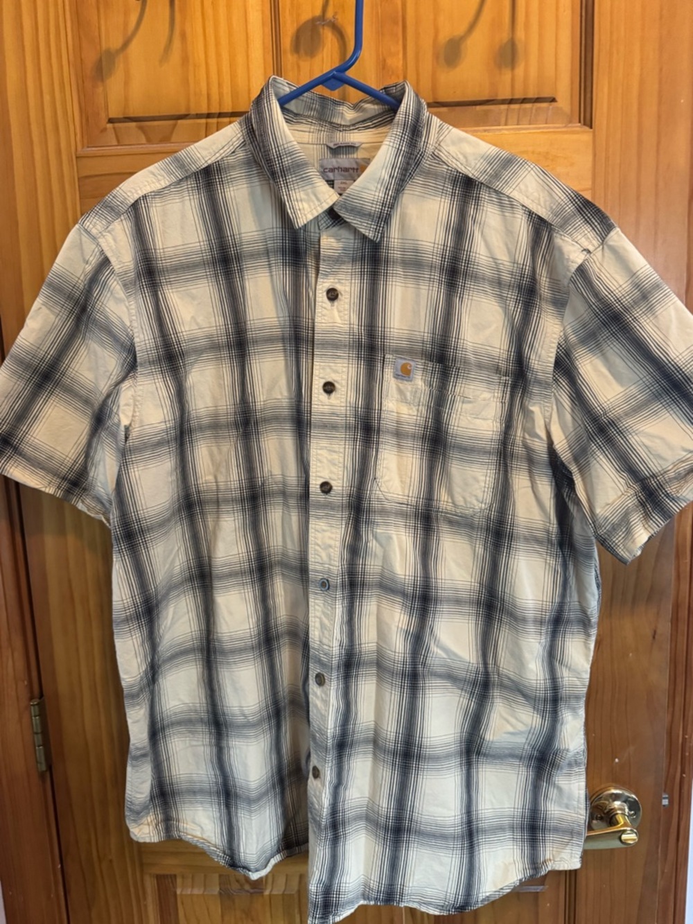 Carhartt Men’s Short-Sleeve Plaid Button-Down Shirt in Cream and Black